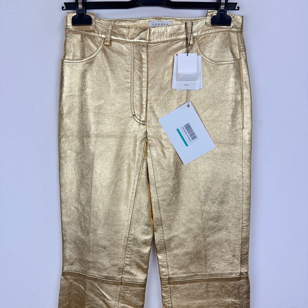 Sandro Metallic Lambskin Leather Kick Flare Pants Gold Ankle Crop FR 36 US 4 NWT - Picture 7 of 16